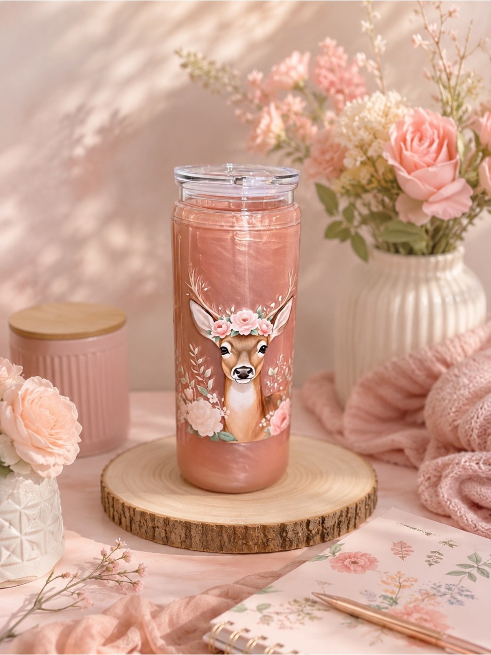 Blush Pink Deer Floral Insulated Tumbler - Home Accents